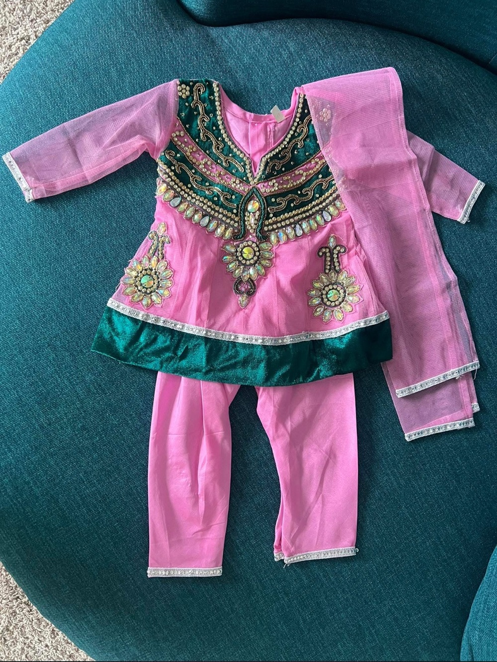 Pink & Green Embellished kids salwar suit Set